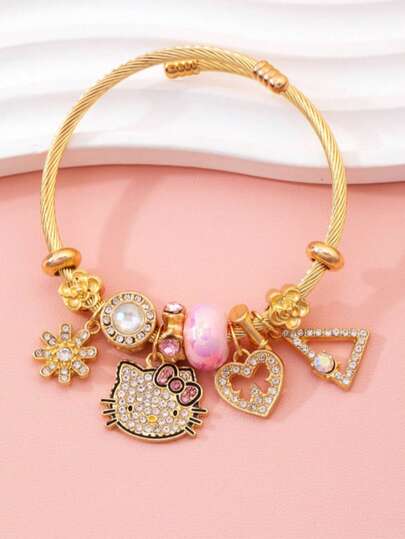 SANRIO 1pc Fashionable Cute Cat Bracelet Beaded Open Bangle Pendant Jewelry