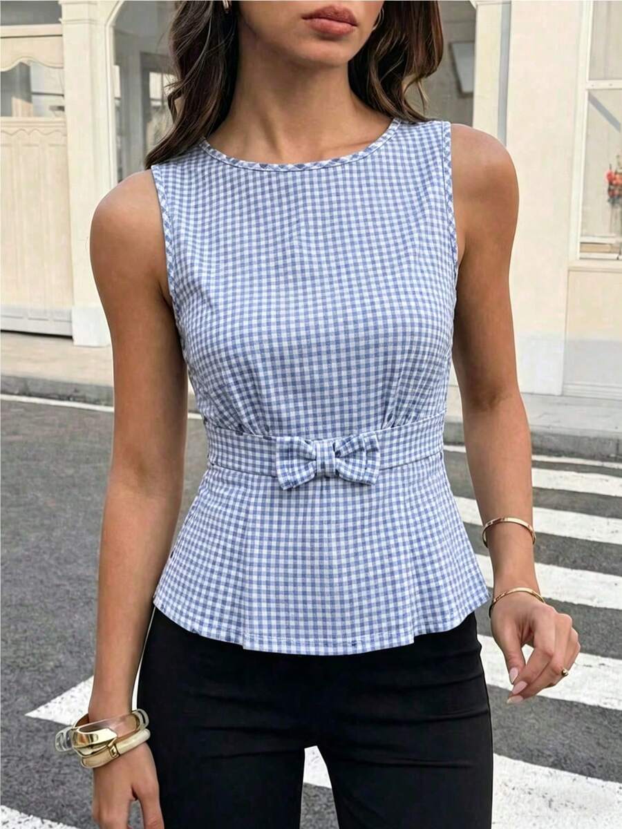 Elegant Blue Plaid Sleeveless Ruffle Trim Top With Bow, Fashionable Women's Round Neck Summer Casual Work Date Shirt - Blue and White - View 1