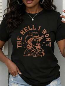 Camiseta de cuello redondo para mujer con estampado de vaquera con sombrero y la frase "I Won't Text", manga corta, ropa casual para salidas diarias y eventos de estilo occidental. - Negro - Ver 1
