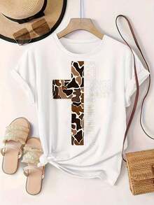Camiseta Casual de Manga Corta para Mujer - Diseño de Camuflaje Marrón y Beige con Patrón Cruzado, Cuello Redondo, Top de Verano, Lavable a Máquina, Camisetas para Damas, Ropa Casual, Estilo Moderno, Ajuste Cómodo  
 -Blanco - Blanco - Ver 2