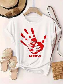 Camiseta Casual de Manga Corta para Mujer - Estampado de Mano Roja con Rostro de Mujer y Texto Mmiw, Cuello Redondo, Top de Verano, Lavable a Máquina, Camisetas para Damas, Ropa Casual, Estilo Moderno, Ajuste Cómodo  
 -Blanco - Blanco - Ver 2