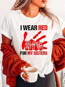 Camiseta de Cuello Redondo con Estampado Rojo, Manga Corta, Estilo Casual para Verano y Primavera, Ropa de Mujer - Blanco - Ver 7