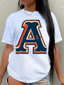 Vintage T-Shirt With Letter A Print, American College Style, Women's Short Sleeve T-Shirt, Retro Alphabet Print T-Shirt, Loose Fit Summer Casual T-Shirt, Basic Aesthetic Graphic T-Shirt, Suitable For Spring, Summer And Autumn. - 白色 - 查看 1