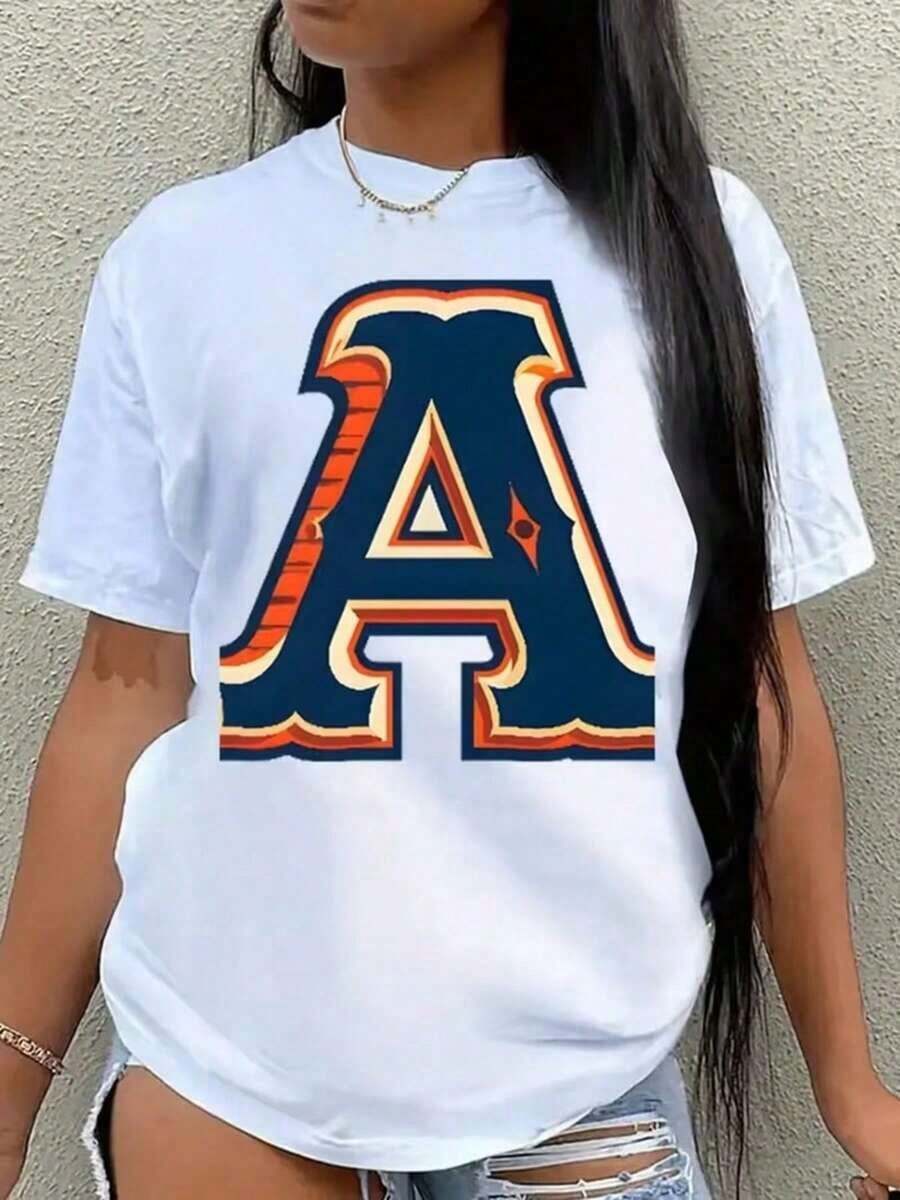 Vintage T-Shirt With Letter A Print, American College Style, Women's Short Sleeve T-Shirt, Retro Alphabet Print T-Shirt, Loose Fit Summer Casual T-Shirt, Basic Aesthetic Graphic T-Shirt, Suitable For Spring, Summer And Autumn. - 白色 - 查看 1