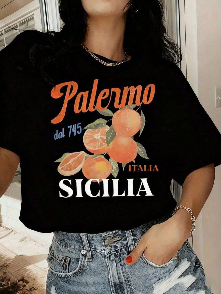 Vintage Loose Fit Women's Casual Short Sleeve T-Shirt With Letter Print - Vibrant Orange Citrus Fruit Print With Palermo 757 Italy Sicilia Text, Breathable Medium Stretch Round Neck Summer Top, Machine Washable Regular Fit Oversize Women's Printed T-Shirt 100% Pure Cotton - 黑色 - 查看 1