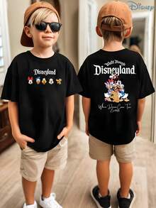 Boys' Disneyland Classic Characters "Where Dreams Come True" Double-Sided Graphic T-Shirt, Kids Vintage Magic Tee, Soft Casual Top For Boys, Perfect For Theme Parks & Everyday Wear - Black - View 1