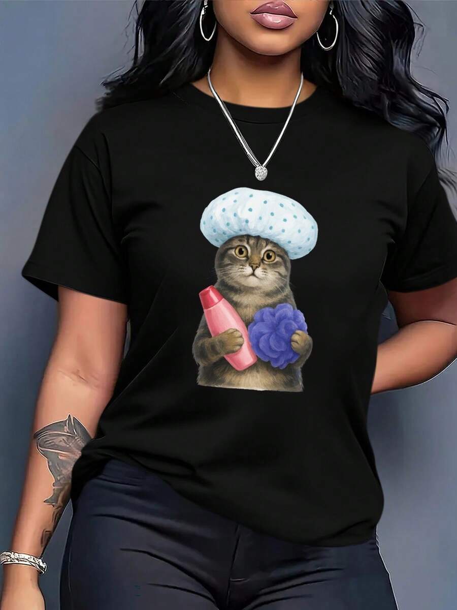 Camiseta Casual de Verano para Mujer Talla Grande - Camiseta Vintage con Estampado de Gato Chef para Mujer - Camiseta Rosa con Botella y Diseño de Cocina Sonriente - Top Holgado de Estilo Urbano - Camiseta Suave para Uso Diario de Mujer - Ropa Casual de Primavera Verano, Camiseta de Chef, Moda de Verano, Diseño Humorístico, Tela Cómoda, Camiseta Elegante y a la Moda - Negro - Ver 1