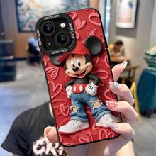 Disney Mickey Mouse Phone Case, Streetwear Style Protective Cover. Compatible With IPhone 17, 16, 15, 14, 13, 12, 11 Pro Series And Galaxy S22, S23, S24, S25 Models, Featuring Mickey In A Red Cap, Ripped Jeans, And Sneakers Against A Red Heart-Pattern Background, Perfect For  Disney Lovers, Ideal For Birthdays, Holidays, Anniversaries, Graduation Gifts, Or Any Special Occasion To Surprise Family, Friends, Classmates, And Loved Ones. - màu đen - Xem 2