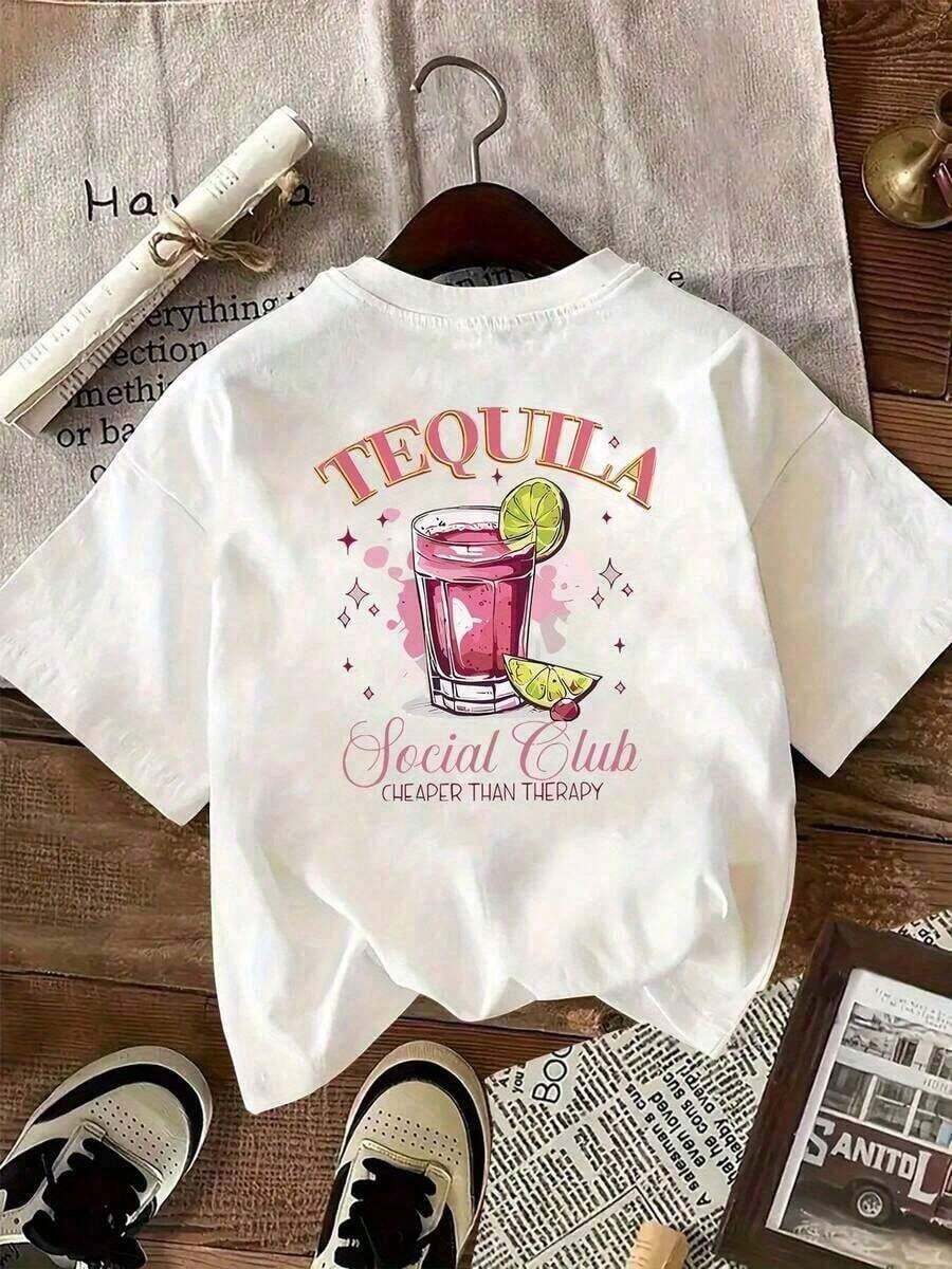 Free LazyPlayera de Mujer de Algodón1pcsWomens Tequila   Graphic T Shirt Pink Green Drinks Print Stretchy Poly 180gCuello Redondo Algodón 100% Tejido Suave Manga CortaHolidayNigh - Blanco - Ver 1