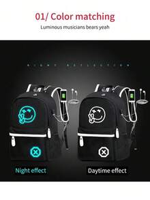 Ba lô/túi đeo vai tối giản, nhẹ, in hình đồ họa phát sáng trong bóng tối, chất liệu chống thấm nước, dây đeo có thể điều chỉnh, kiểu dáng giản dị và đa năng dành cho học sinh/sinh viên, nam (Họa tiết trên dây đeo ngẫu nhiên) - màu đen - Xem 3