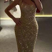 Top Fashion Picks Summer 2026 Spring/Summer New Arrival: Women's Stylish Sequin-Embellished Halter Dress - INS Style, Vacations & Parties; Casual, Slimming, Elegant, And Versatile Sleeveless Maxi Dress Sequin,Bodycon ,Hem,,Dress Formal Wear, Fitted, Sequined, Dresses, Evening Gowns, Formal Dresses - Vàng - Xem 8