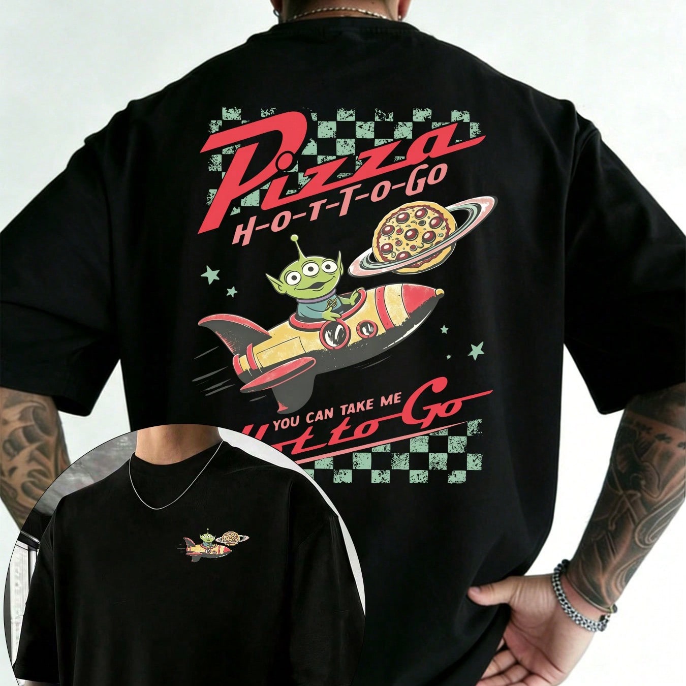 Camiseta Disney Toy Story con estampado de Pizza Planeta de Tres Ojos, diseño de doble cara con estampado de Pizza Cohete de Tres Ojos, camiseta de m