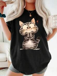 Soft 100% Cotton Women's Short-Sleeved T-Shirt With An Adorably Funny Cat Print Holding Its Face In Its Hands, Round Neck, Machine Washable, Comfortable, Soft And Breathable, Suitable For Spring, Summer And Autumn, Loose Fit, Casual, Cool And Stylish, Fashionable Women's T-Shirt, Breathable Cotton T-Shirt, Matches Everything. - 黑色 - 查看 6
