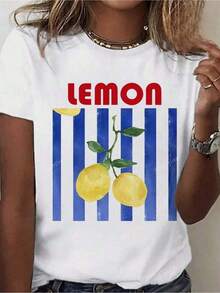 Estampado de Limones con Rayas Azules y Texto - Blanco - Camiseta Gráfica de Estilo Casual Simple 100% Algodón Puro - Suave y Cómoda, Cuello Redondo, Manga Corta, Top de Moda Urbana para Todas las Temporadas, Ropa Casual de Calle| Camiseta de Cuello Redondo Y2k - Negro - Ver 9