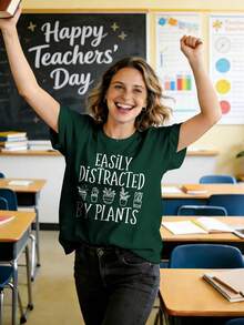 Camisas para profesoras, bonitas, con gráficas divertidas y estampado de letras. - Verde - Ver 5