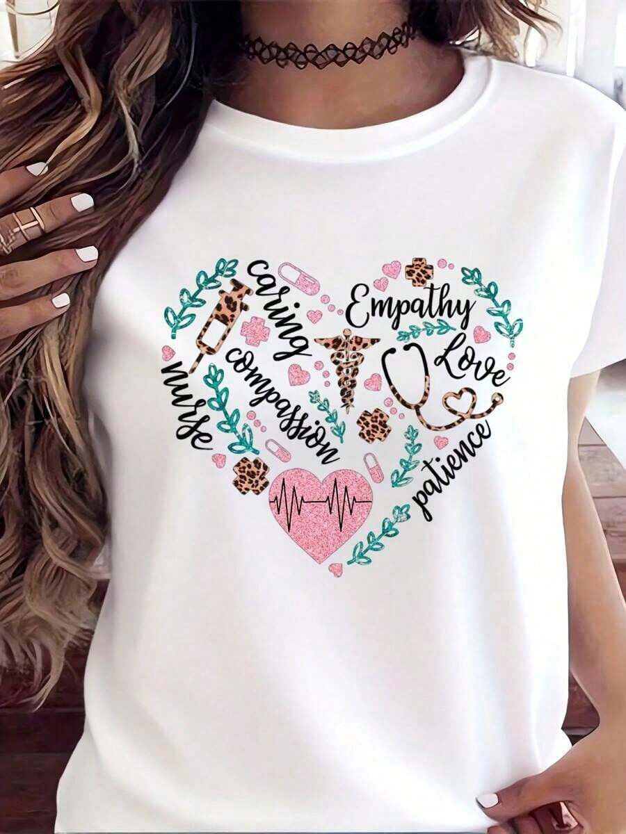 Nurse T-Shirt With Heart Design And Messages Of Empathy, Love, Compassion, Care, And Patience - Graphic Tee For Women Nurses, Healthcare Workers, Gifts For Valentine's Day, Mother's Day, Nurse Appreciation Gifts - 白色 - 查看 1