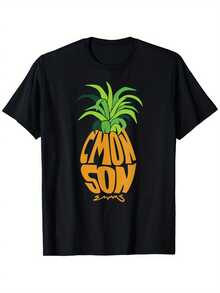 Black T-Shirt With Pineapple Print C'MON SON - Simple Casual Graphic Style, 100% Pure Cotton - Short-Sleeved Crew Neck T-Shirt, Soft And Comfortable, Urban Fashion Top For All Seasons, Casual Streetwear.| Y2k Crew Neck T-Shirt - 白色 - 查看 1