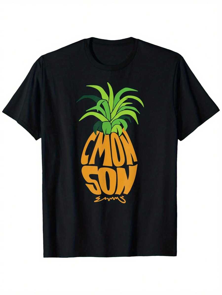 Black T-Shirt With Pineapple Print C'MON SON - Simple Casual Graphic Style, 100% Pure Cotton - Short-Sleeved Crew Neck T-Shirt, Soft And Comfortable, Urban Fashion Top For All Seasons, Casual Streetwear.| Y2k Crew Neck T-Shirt - 白色 - 查看 1