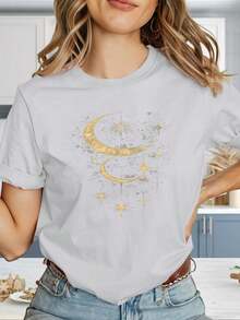 Comfortable And Stylish Women's T-Shirt "Moon Phases And Stars" In Y2K Style With Oversized Logo And Geometric Print - Slim-Fit Short-Sleeve Top, Black And Gold Color Combination, Casual Summer Wear, Machine Washable Stretch Fabric (Anti-Wrinkle), Suitable For Casual Wear And To Match With Other Garments. - 白色 - 查看 1