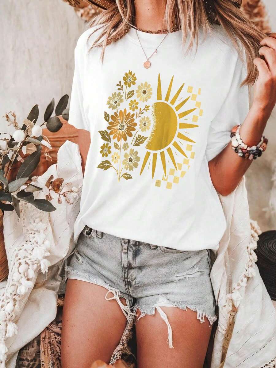 Boho un And Flowers Graphic Print T-hirt, Camiseta de anga Corta con Cuello Redondo Top Casual para Verano y Primavera, Ropa de ujerTraje de playa para damas / Chica veraniega / Estilo vacacional con plantas tropicales verdes / Paseo por la playa, edición limitada de verano / Versión fresca y cómoda para viajes de verano