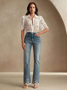 Blusa elegante de mujer con diseño floral y calado de encaje, ideal para vacaciones, días festivos, playa, festivales, verano y primavera - Blanco - Ver 7