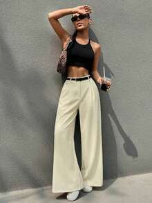 Pantalones anchos casuales y para ir al trabajo de mujer con cintura alta plisada y cinturón en beige - Amarillo mantequilla - Ver 6