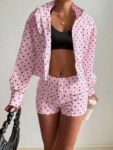 Chaqueta de primavera con cuello alto, estilo casual y retro, con estampado de lunares y bolsillos, para uso diario - marrón rosado - Ver 4