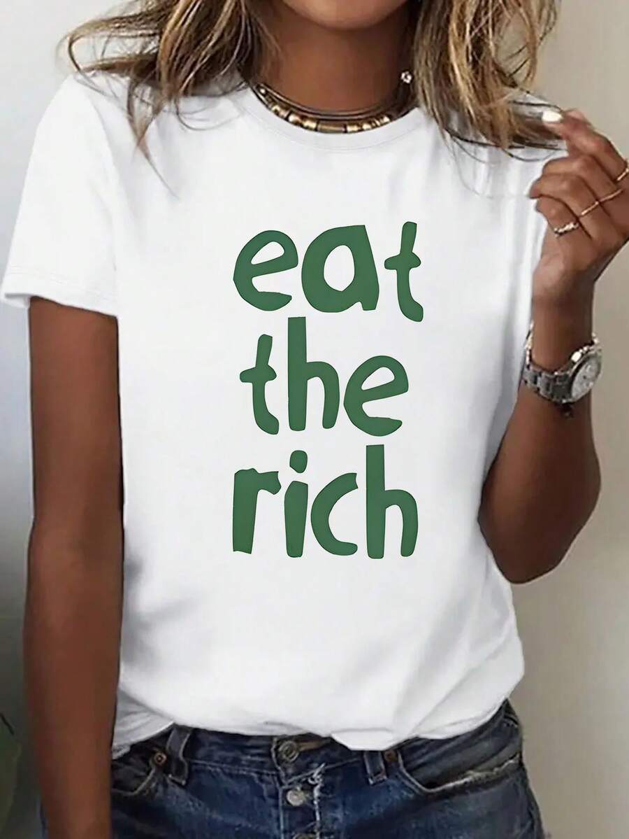 1 camiseta de manga corta para mujer - Estampado de letras "Eat The Rich" en verde intenso sobre fondo blanco, ajuste cómodo e informal, lavable a máquina, ropa casual para mujeres y adolescentes, regalo de cumpleaños o vacaciones, moda juvenil, camiseta con gráfico divertido, tela de textura suave, camiseta Y2k. - Blanco - Ver 1
