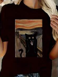 1 camiseta negra para mujer con diseño de gato inspirado en "El Grito" - Fusión de arte de "El Grito", casual y moderna, perfecta para primavera y verano, regalo ideal para cumpleaños y días festivos, ropa informal.| Diseño Artístico de Gato| Ajuste Cómodo, Regalos para Amantes de Gatos, Camiseta Y2k - Blanco - Ver 10