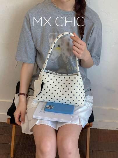 1pc Women's Contrast Color PU Shoulder Bag, Fashionable Polka Dot & Crescent Moon Print, Suitable For Commuting, Shopping, And Gift