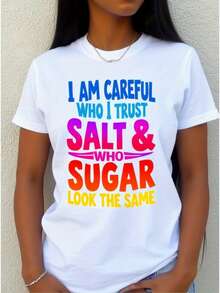 Camiseta de talla grande para mujer con estampado "Elijo con cuidado en quién confío" Sal y Azúcar - Blusa casual de manga corta y cuello redondo de ajuste holgado con eslogan, lavable a máquina, adecuada para Halloween, fiestas de Acción de Gracias, regalo - Blanco - Ver 1