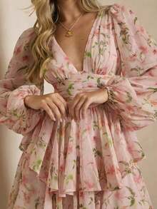 Vestido de vacaciones con cuello en V, manga larga y estampado floral para mujeres - Rosa Pálido - Ver 8
