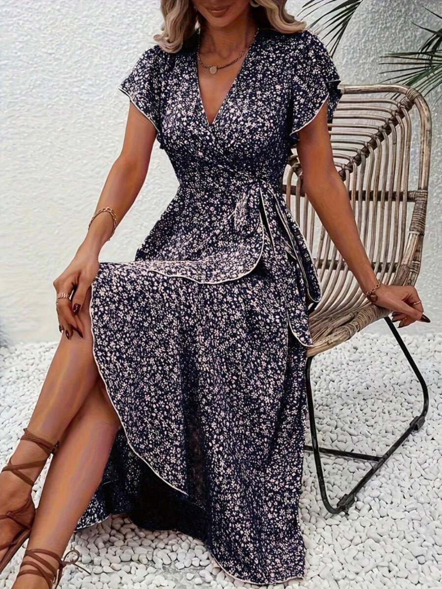 Vacation Casual Ditsy Floral Ruffle Tie-Wrap Dress - Black - View 1
