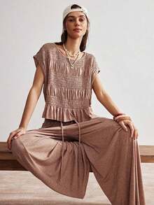 BohoFeels Set de 2 piezas: Camiseta de punto holgada de cuello redondo de unicolor y pantalones anchos de cintura alta para mujer - Óxido marrón - Ver 12