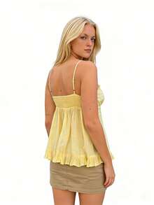 Women's Summer Camisole Button Front V-Neck Lace Ribbon Ruffled Peplum Hem Tank Tops - Yellow - View 6