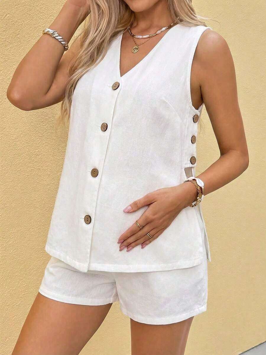 Set de 2 piezas de top sin mangas con cuello en V y botones delanteros sólidos y shorts de mezclilla para maternidad - Blanco - Ver 1