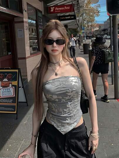 2026 Sweet & Spicy Sequin Butterfly Print Women's Knit Tube Top, Asymmetrical Hem Fitted Short Knit Blouse, Goth Style Knit Sweater, Suitable For Spring/Summer Daily, Date, Valentine's Day, Party