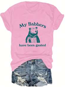 Women's Plus Size Casual T-Shirt With "My Flabbers Have Been Gasted" Raccoon Letter Print, Crew Neck, Slightly Stretchy Fabric, Autumn/Winter Collection, Raccoon T-Shirt - 粉色 - 查看 6