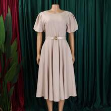 Women Maxi Dresses - Apricot Color + Belt - View 3