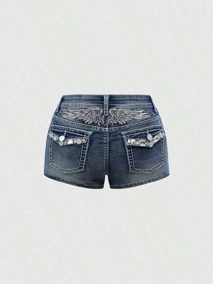 Grunge Punk Shorts vaqueros de talle bajo con decoración de alas bordadas con cristales, estilo Y2K - Azul - Ver 1