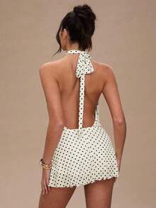Vestido mini de mujer con estampado de lunares, estilo vacacional, de escote de halter - Blanco - Ver 2