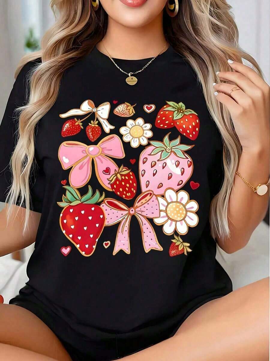 1 pieza de camiseta casual de verano para mujer con estampado de lazo de fresa y flores, con diseño de corazón y margarita. Es una camiseta perfecta para regalar a amigos y familiares en cualquier día festivo u ocasión especial, 220g180g 100% algodón. - Negro - Ver 1
