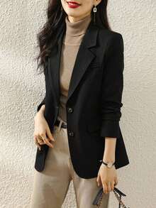 Chaqueta blazer de mujer de unicolor con cuello de solapa, adecuada para uso diario y para ir al trabajo - Negro - Ver 3