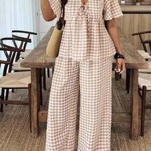 2pcs Plus Size Women Set: Plaid Tie Front Short Sleeve Shirt And Wide Leg Pants - Celeste - Ver 6