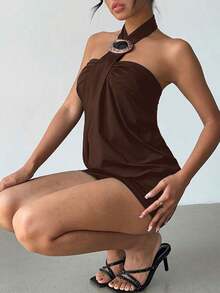 Vestido Mini Bodycon Sexy de Estilo Vanguardista Y2K para Mujer de , con Decoración de Botones Metálicos, Morado, Vestidos de Fiesta para Mujer, Vestidos para Fiestas de Mujer - Marrón 4 - Ver 4