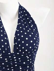 Vestido mini ajustado con cuello en V profundo y espalda descubierta con estampado de lunares negros y blancos y volantes en el bajo, elegante, romántico, bohemio, sexy y casual, versátil vestido de verano para mujer - Azul marino - Ver 5