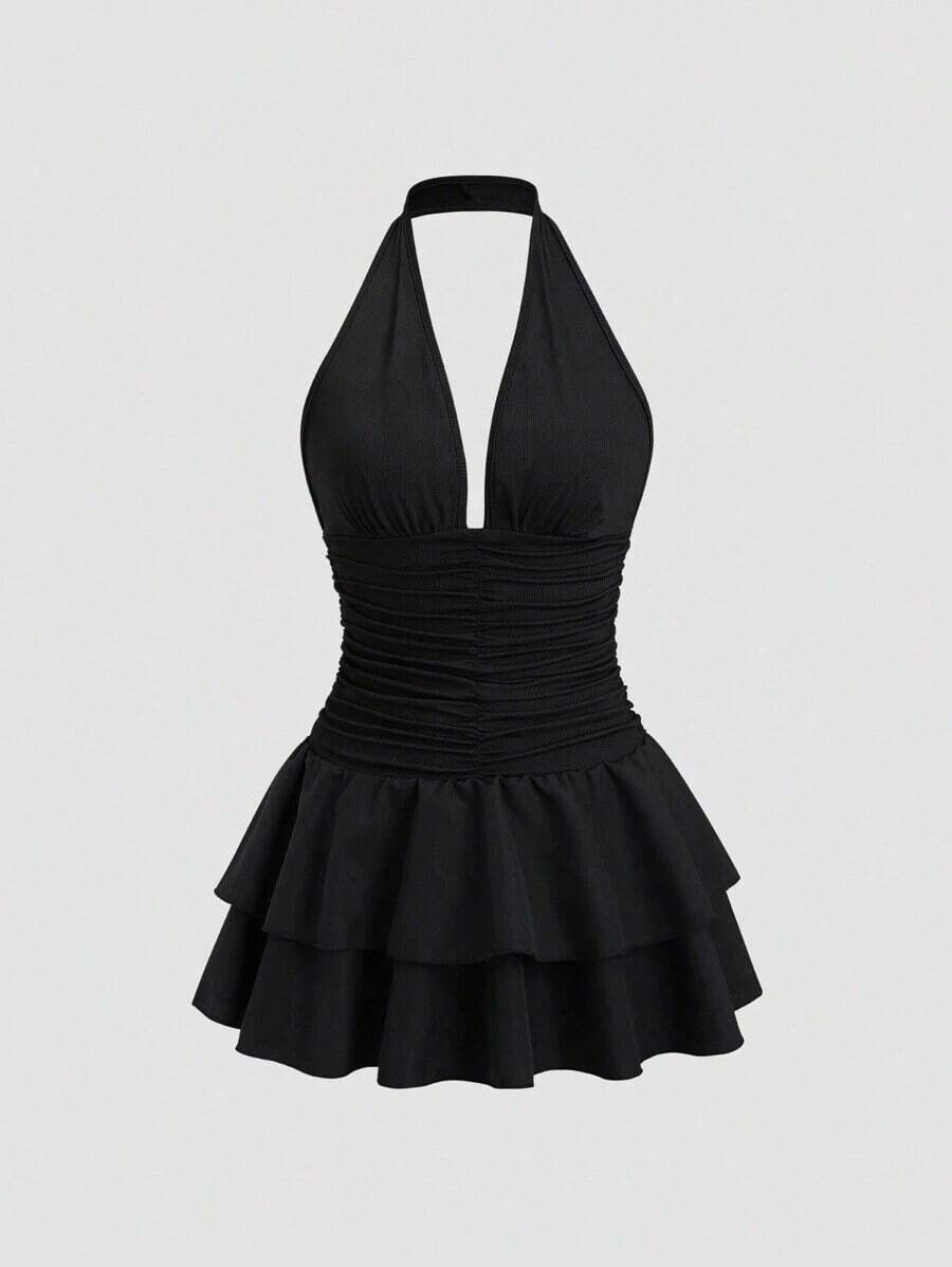 Vestido mini con escote en V, espalda descubierta y volantes, en un diseño de patchwork de punto y tejido, con cintura fruncida. Simple y elegante para vacaciones, uso diario casual, primavera/verano para mujer - Negro - Ver 1