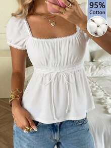 Conjunto de verano con blusa de cuello cuadrado, mangas abullonadas y lazo delantero - Multicolor 3 - Ver 1