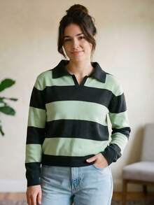 Women's Ribbed Knit Polo Shirt With Striped Neckline, Long Sleeves, V-Neck, Casual Autumn Knit - 瑪薩拉紅/嬰兒粉 - 查看 5