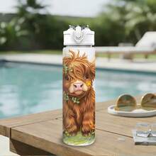 1pc/5pcs 750ml Bohemian Highland Cow Floral Print Water Bottle - Reusable Travel Cup, Portable Sports Water Bottle, Leak-Proof Travel Cup, Fashionable Daily Drinking Bottle, Cute Animal And Wildflower Pattern Cute Style Farm Ranch Iced Coffee - Brown-bohemian Highland Cattle - View 3